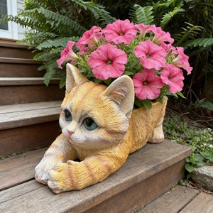 Pot de fleurs en résine en forme de chaton, jardinière décorative pour extérieur, couleur jaune et gris - Product Image 1