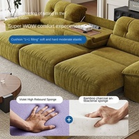 Canapé modulaire en chenille verte avec chaise longue, ottoman, console, porte-gobelets, rangement, capitonné, en bois, inclinable électriquement et extensible pour