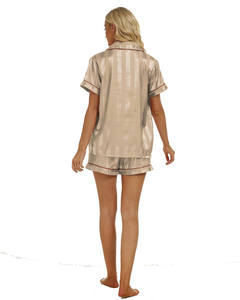Ensemble de pyjama d'été pour femmes en satin à imprimé rayé respirant, haut à manches courtes et short à taille élastique, ensemble de vêtements de maison en 2 pièces - Product Image 4