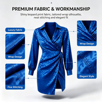Robe Courte Élégante Femme en Satin Jacquard Léopard à Col V, Manches Longues, Taille Nouée, Effet Cache-Cœur, Fente Avant, Idéale Soirées et Clubs
