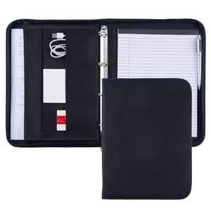 Tecido de lona preta a4, zipper anel encadernador, pasta de documentos, poliéster, portfólio