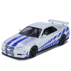 Vente en gros Modèle de voiture de sport en alliage Nissan <span class=keywords><strong>GTR</strong></span> <span class=keywords><strong>R34</strong></span> 1:32 moulé sous pression, son et lumière, portes ouvertes, décoration de modèle de voiture jouet en métal - Product Image 1
