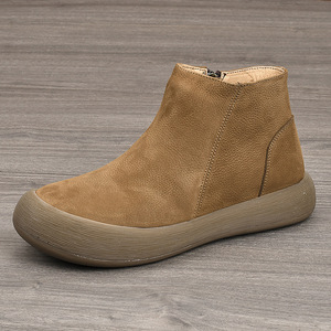 Bottines à bout rond en cuir véritable, talon plat, doublure en coton, semelle extérieure en caoutchouc, confort rétro, chaussures pour femmes - Product Image 3