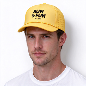 Gorra de Béisbol de Lona de 6 Paneles, Perforada, de Secado Rápido, Unisex, con Visera Curva, Cierre a Presión, Letras Impresas en 3D, Amarillo Brillante, 100% Poliéster - Product Image 1