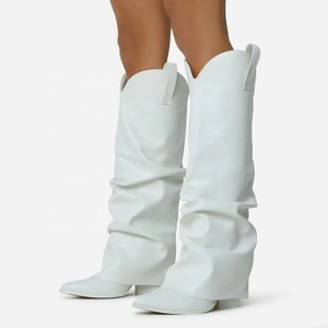 Custom Slouched Denim Cowboy <b>Boots</b> Overlay Women's Slip-on Point Toe Knee High Booties Blue High Chunky Heel Size 43 - Product Image 3