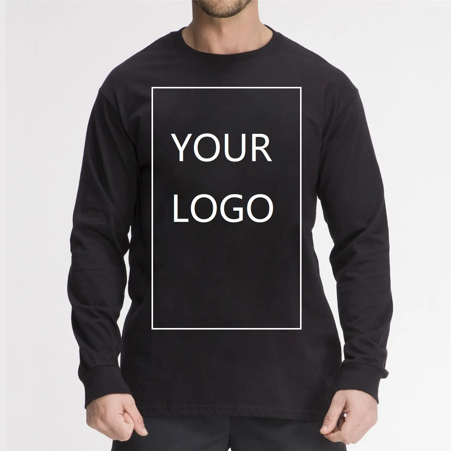 T-shirt manches longues homme 100% coton, uni et personnalisé avec logo imprimé, vente en gros, noir