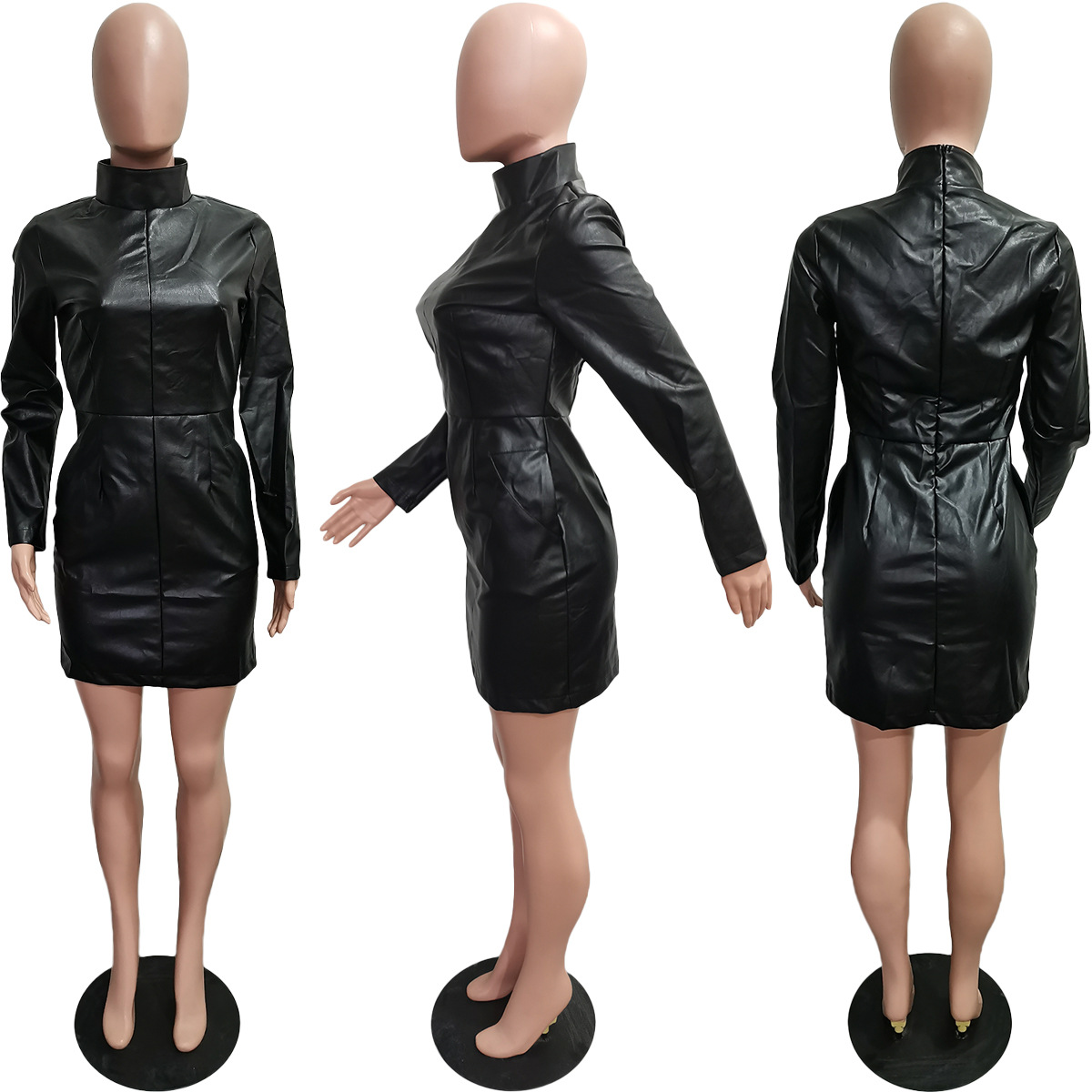 Wholesale Women's Clothing Fall 2025 Solid Color Pu Leather Long Sleeve  Pocket Zipper Leather Dresses for Ladies| Alibaba.com