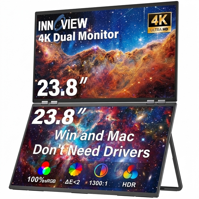 InnoView Dual Portable Monitor 23.8" 4K 100% SRGB 315°Adjustable Dual Stacked Foldable Monitor Built-in Speakers Screen Extender