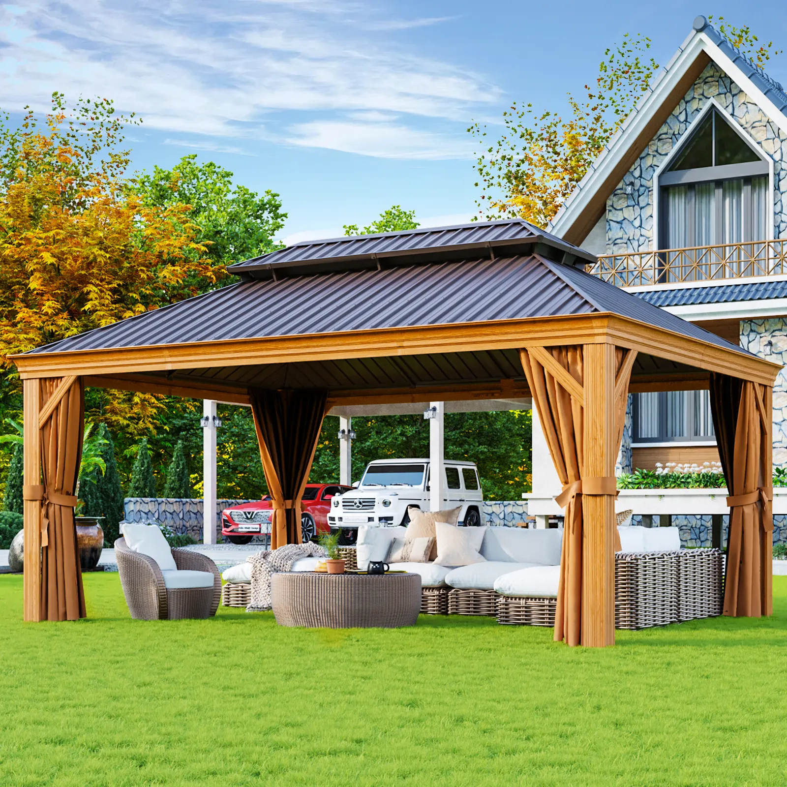 Lüks açık veranda 12*16 ft. Otel için alüminyum çerçeveli galvanizli çelik çift çatı Hardtop Metal Gazebo