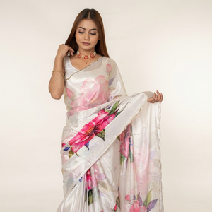 Sari en soie blanc élégant à imprimé floral rose numérique, infroissable et à séchage rapide, pour femme, style mariage Inde Pakistan Bollywood Ouest - Product Image 1