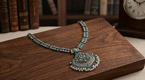 Women's Ornate <b>Blue</b> Stone Teardrop Pendant Oxydized <b>Necklace</b> Traditional Ethnic Statement Jewelry Wedding Festival Party Wear - Product Image 4