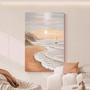 Peinture à l'huile peinte à la main, paysage marin au lever du soleil, art mural vertical pour salon, fond de canapé, sans cadre, effet 3D décoratif - Product Image 2