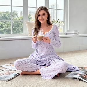 Pijamas de Dos Piezas de Punto Floral para Mujer, Ropa de Dormir Sexy de Verano, Transpirable y Casual - Product Image 1