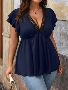 Plus Size Women's Elegant <b>Black</b> Short Sleeve <b>Tops</b> V Neck Medium Elastic Solid Shirt with Ruffle Detail and <b>Lace</b> Edge - Product Image 2