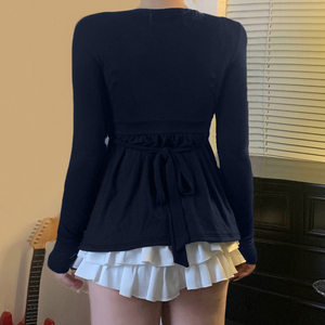 T-shirt femme à manches longues, col en V, à nouer devant, coupe trapèze, couleur unie, ample, grande taille, style mode et décontracté - Product Image 3