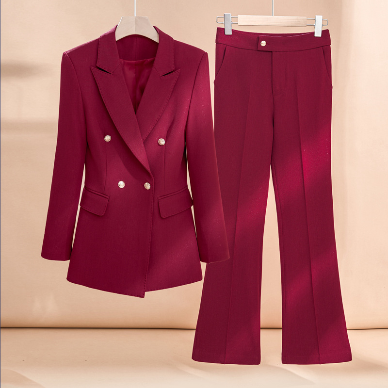 Red suit with slightly flared trousers