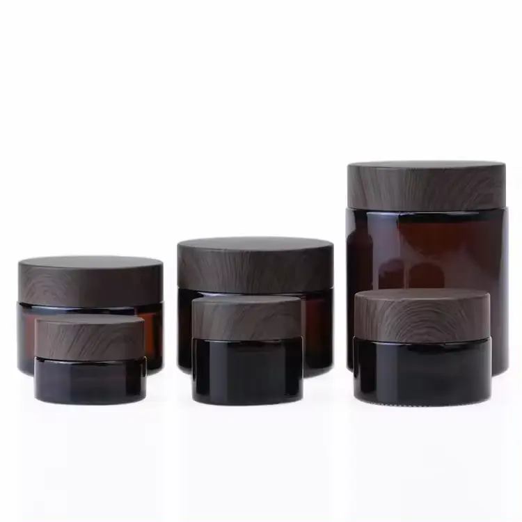 5ml 10ml 20ml 30ml 50ml Matte Frosted Black Amber Glass Cream Jars with Bamboo Plastic Cover Glass Bottles with Bamboo lid