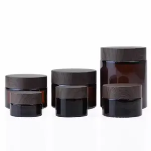 5ml 10ml 20ml 30ml 50ml Matte Frosted Black Amber Glass Cream Jars With Bamboo Plastic Cover Glass Bottles With Bamboo Lid