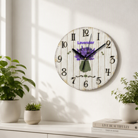 Jam Dinding Dekoratif Set Empat Buah Bertekstur Kayu MDF Gaya Art Deco Lavender, Beroperasi dengan Baterai, Senyap, untuk Dapur dan Ruang Tamu
