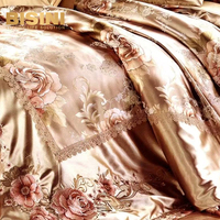 Parure de lit de style royal avec broderie florale kaki, drap de lit en soie exquis, couvre-lit, magnifique ensemble de literie, quatre pièces pour villa