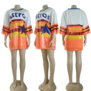 Vendita calda stile baseball abiti da festa con paillettes alla moda di HOUSTON vestito casual da donna paillettes lungo t-shirt