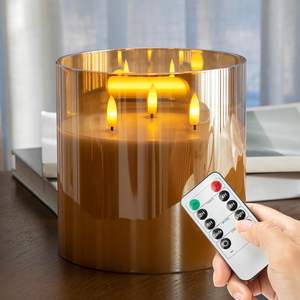 3芯の炎のない安全ピラーキャンドル、本物のワックスを使用、電池式、大型15×25cmガラス製LEDキャンドルライト、リモコンとタイマー付き、家庭用 - Product Image 1