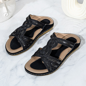 Black PU Wedge Sandals <b>Open</b> <b>Toe</b> Slip-On Mid <b>Heel</b> Comfort Summer Shoes Breathable Light Weight Anti-Slip Buckle Decoration - Product Image 2