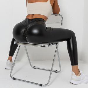 Pantalones de cuero de cintura alta personalizados para <span class=keywords><strong>mujer</strong></span>, leggings deportivos ajustados negros con efecto fruncido en el trasero para invierno - Product Image 4
