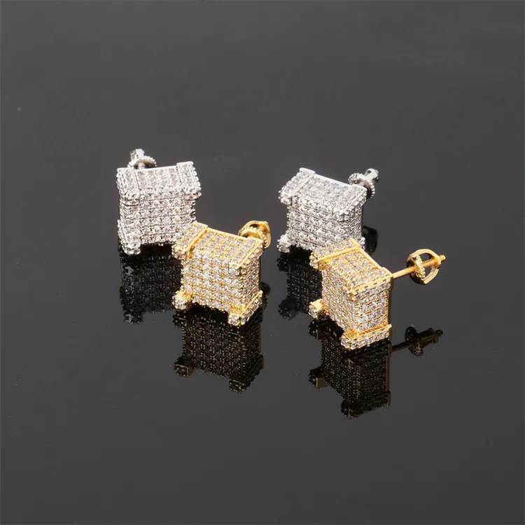 Fashion Hip Hop Iced Fully Diamond Square Shape Stud Earrings for Men Jewelry Wholesale