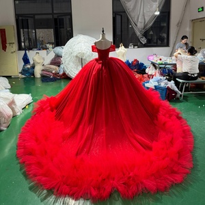 Xss29 Vestido de Gala Rojo de Lujo para Quinceañera, Largo hasta el Suelo, de Tul Natural Brillante, con Corsé de Cuentas, Dobladillo con Volantes y Cola Capilla, para Fiesta Formal - Product Image 6