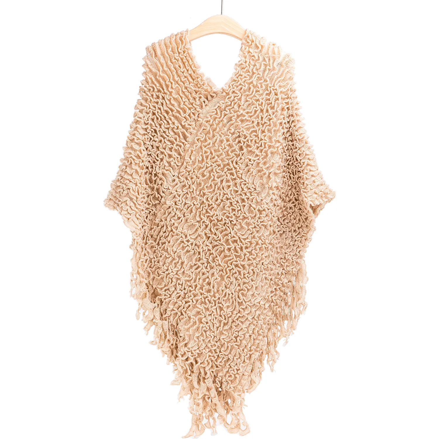 Poncho de moda para mujer, Jersey de punto arrugado con cuello de pico, chal de gran tamaño con volantes en forma de ala de murciélago, Primavera, Otoño e Invierno