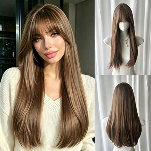 Perruque synthétique longue et droite brun châtain de 27 pouces avec frange complète et cuir chevelu simulé pour femme, idéale pour le quotidien, les fêtes et le cosplay - Product Image 1