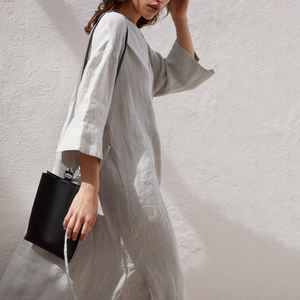 All'ingrosso personalizzare il servizio OEM tessuti eco-friendly in lino 100% stile t-shirt lungo per ragazze vestito a manica lunga con <span class=keywords><strong>colletto</strong></span> mandarino donna - Product Image 3