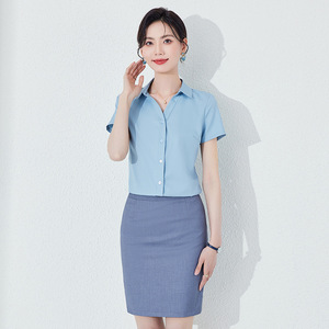 Women's Professional Short Sleeve Shirt Button Down Poplin Workwear Commuting Style Slim Fit Blue Black Midi Skirt Set - Product Image 4