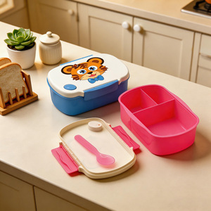 Cartoon Rectangular Plastic <b>Lunch</b> <b>Box</b> For Children With Spoon Powder Blue Lid Rectangle Shape - Product Image 1