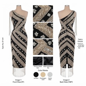 Robe fourreau mi-longue asymétrique noire pour femme avec broderie dorée en chevron et détails élégants à franges pour soirée cocktail - Product Image 1