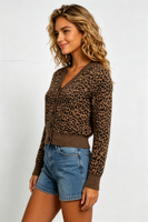 Cardigan pour femme à col en V imprimé léopard, pull en maille classique boutonné avec ourlet et poignets côtelés, OEM/ODM disponible