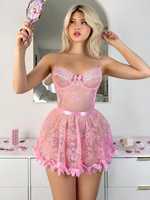 YYU Saint-Valentin Ensemble de lingerie babydoll en dentelle résille avec string, Robe de mariée, Ensembles de lingerie, Chemise de nuit pour femme