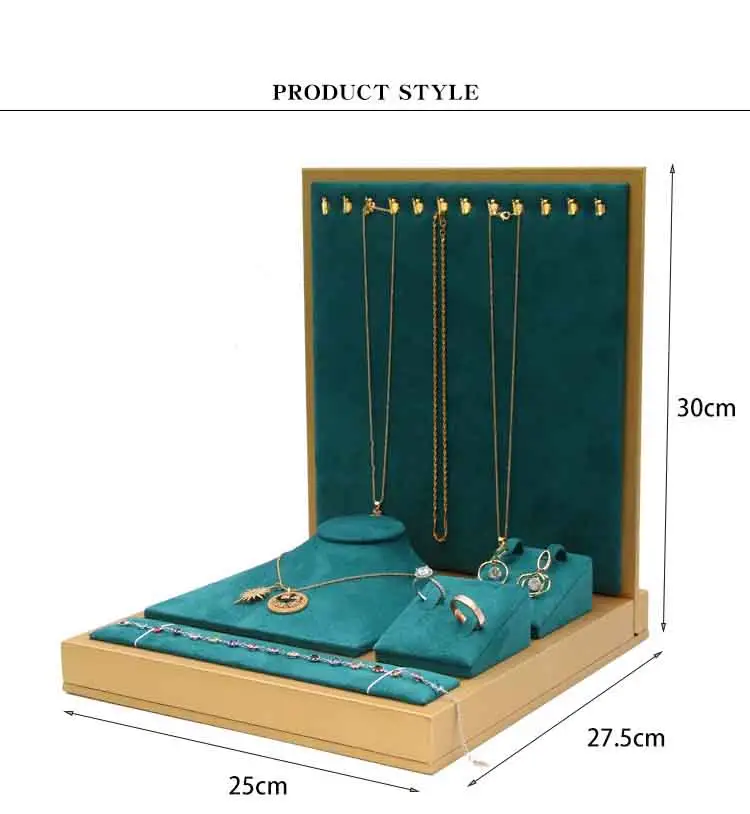 Set Combinatie Sieraden Standaard Microfiber Groen Goud Lederen Oorbellen Ring Ketting Sieraden Display Vitrine Houten Frame