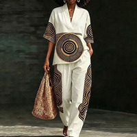 Ensemble décontracté 2 pièces - Blouse à col en V et manches courtes, pantalon ample taille haute à jambes larges avec poches, couleur contrastante, taille élastique