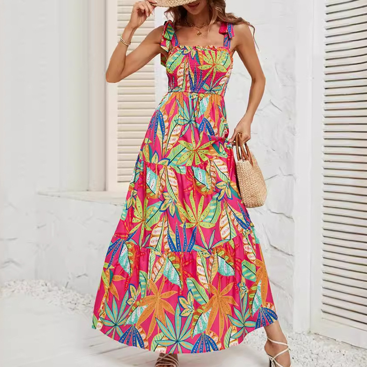Summer Sleeveless Print Casual Dress Women High Waist Midi A-line Elegant Dress Women Clothes Wholesale
