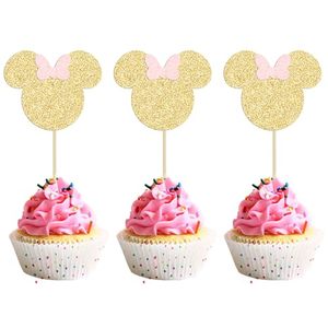 Adorno para Pastel de <span class=keywords><strong>Minnie</strong></span> con Purpurina Rosa y Dorada con Lazos Rosas para Niñas, para Baby Shower, Decoración de Pasteles para Fiestas de Cumpleaños Infantiles - Product Image 1
