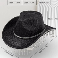 Chapeau de cowboy noir à paillettes en gros avec strass et longues franges, idéal pour les fêtes gothiques, les enterrements de vie de jeune fille, les festivals de musique, pour femmes