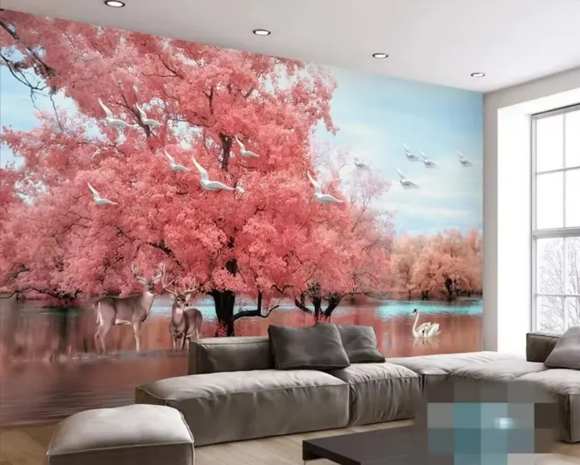 사용자 정의 벽지 홈 장식 벽화 판타지 핑크 트리 백조 호수 풍경 벽 벽화 3D 벽지