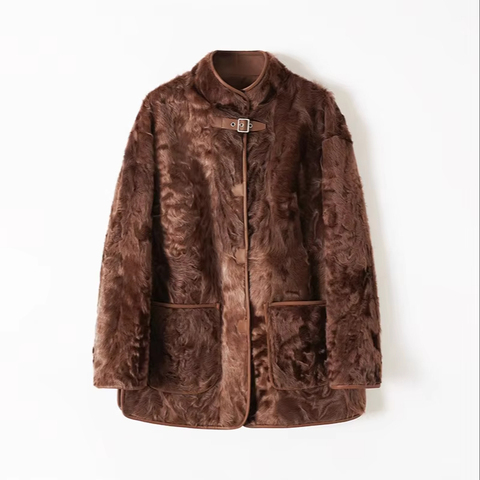 414 Winter Coat Brown Luxury Real Fur Coat Stand Collar Lake Wool Fur Coat With Pockets for Women
