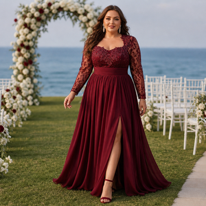 Abito da sera formale in chiffon taglie forti <span class=keywords><strong>con</strong></span> scollo a cuore, maniche lunghe in pizzo effetto illusione, applicazioni floreali in pizzo, vita arricciata e <span class=keywords><strong>spacco</strong></span> frontale - Product Image 5