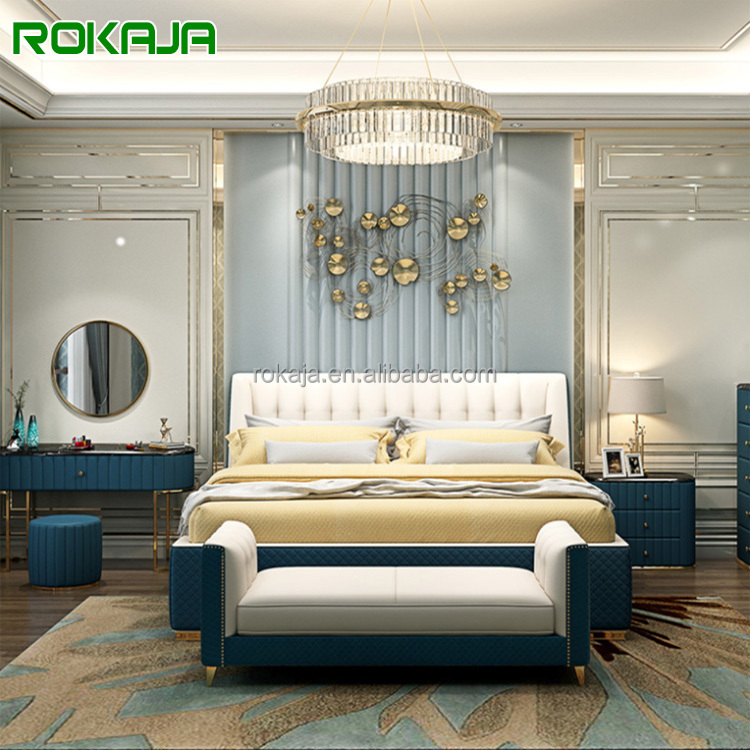 Роскошный роскошный набор мебели для спальни, кожаная кровать большого размера, современная кровать с подставкой и ночной подставкой