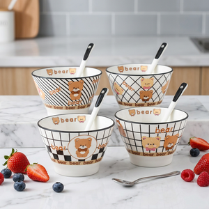 Bol à riz en céramique style mignon dessin animé motif ours à carreaux, design chapeau de paille, 5 pouces, compatible micro-ondes, anti-brûlure, épaissi, écologique - Product Image 1