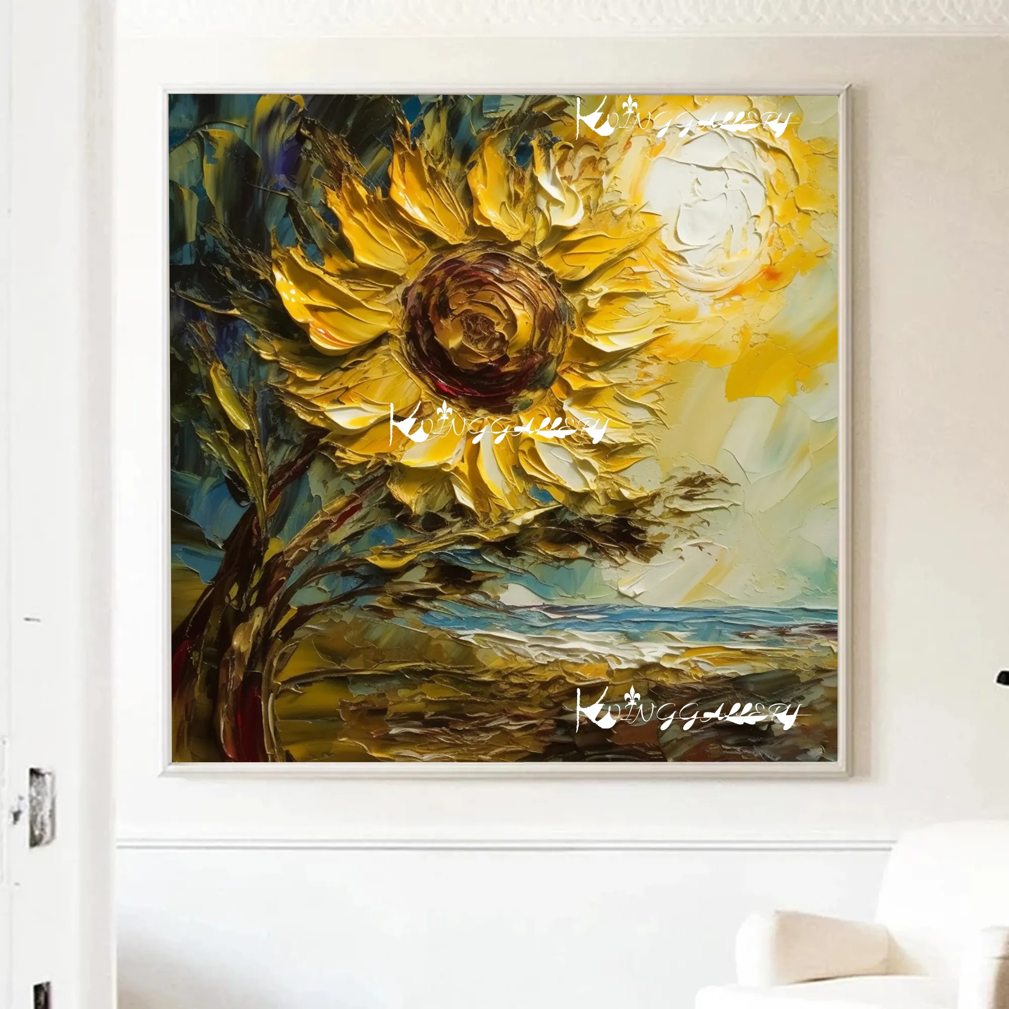 Impressionist ดอกไม้ภูมิทัศน์ 3D ดอกทานตะวันผ้าใบภาพวาดสีน้ํามันครีมพื้นผิว Wall Art ที่กําหนดเองมีดสีสนามกลางแจ้ง