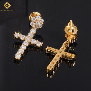 Pass Diamond Tester Hip Hop 18k Gold Plated Iced Out Cross <b>Dangle</b> 925 <b>Sterling</b> <b>Silver</b> Drop <b>Earrings</b> - Product Image 3